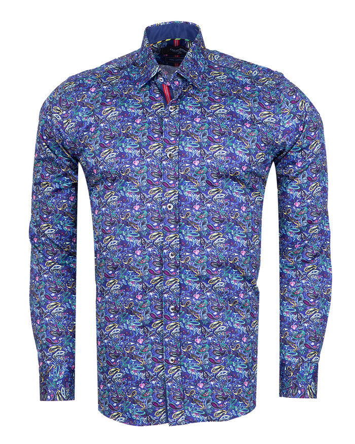 Dark Blue Paisley Print Men's Shirt with Matching Handkerchief-Makrom