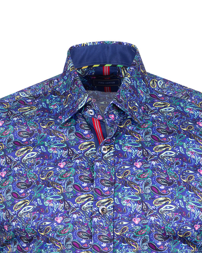 Dark Blue Paisley Print Men's Shirt with Matching Handkerchief-Makrom