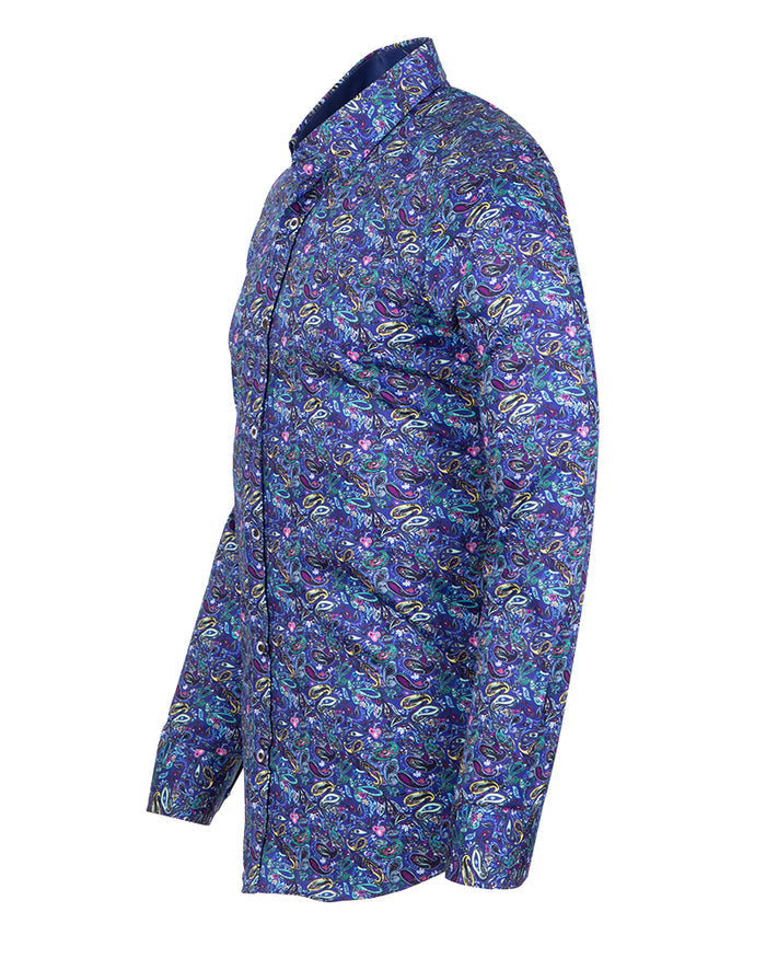 Dark Blue Paisley Print Men's Shirt with Matching Handkerchief-Makrom