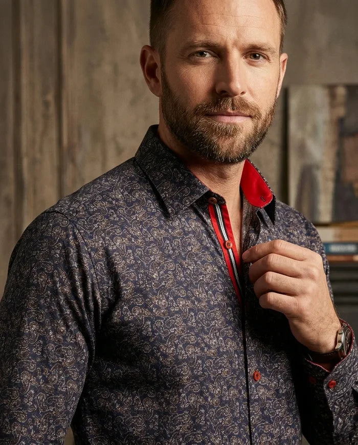 Dark Blue Paisley Print Shirt with Matching Handkerchief