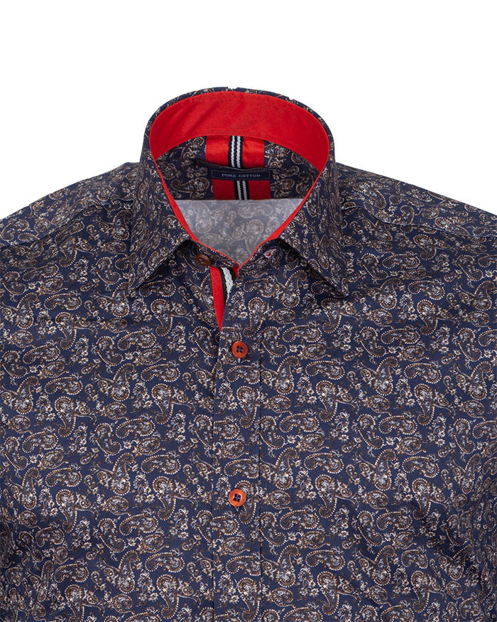 Dark Blue Paisley Print Shirt with Matching Handkerchief-Makrom