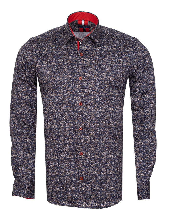 Dark Blue Paisley Print Shirt with Matching Handkerchief-Makrom