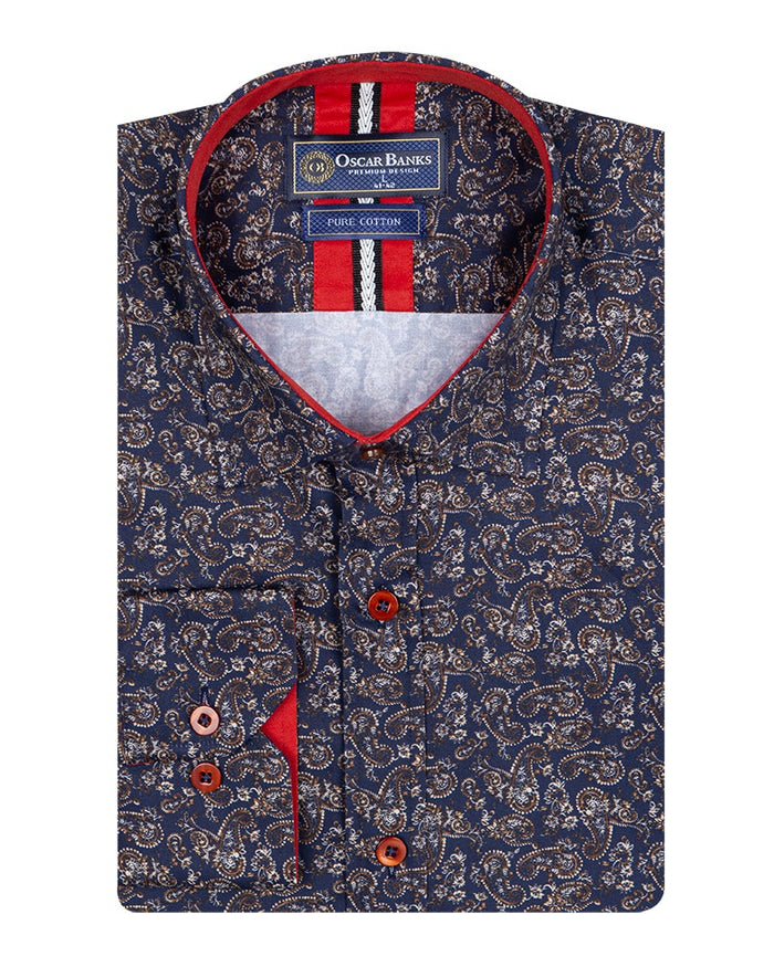 Dark Blue Paisley Print Shirt with Matching Handkerchief-Makrom