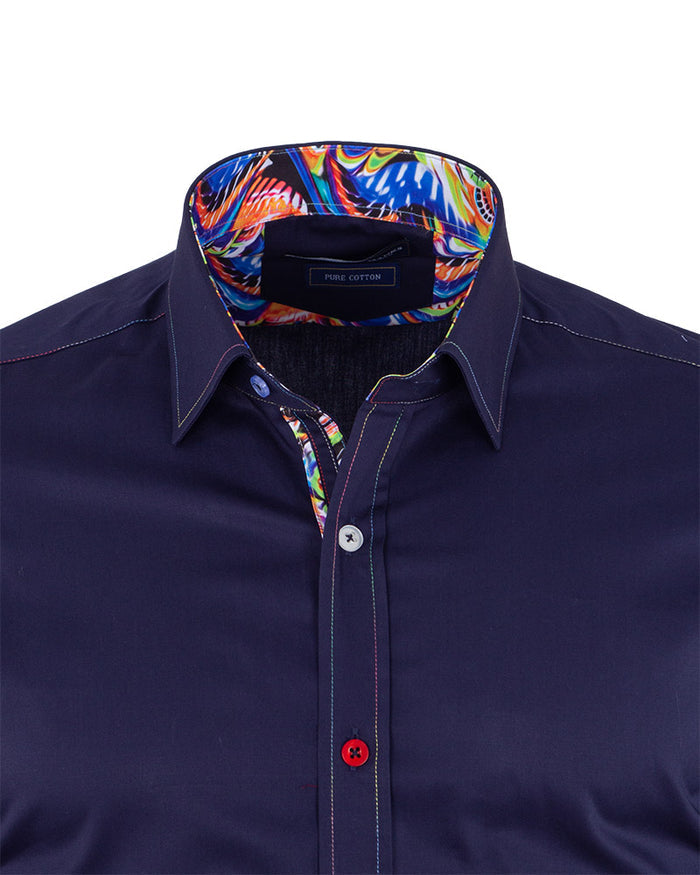 Dark Blue Plain Colourful Stitching & Button Pure Cotton Shirt-Makrom