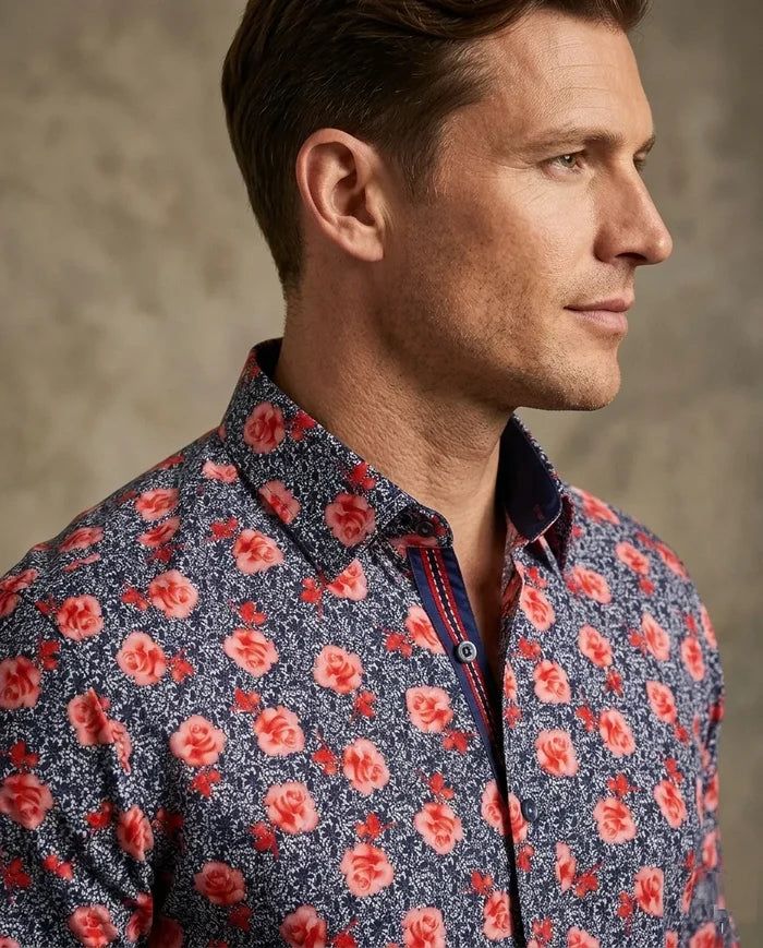 Dark Blue Rose Print Satin Cotton Shirt with Matching Handkerchief