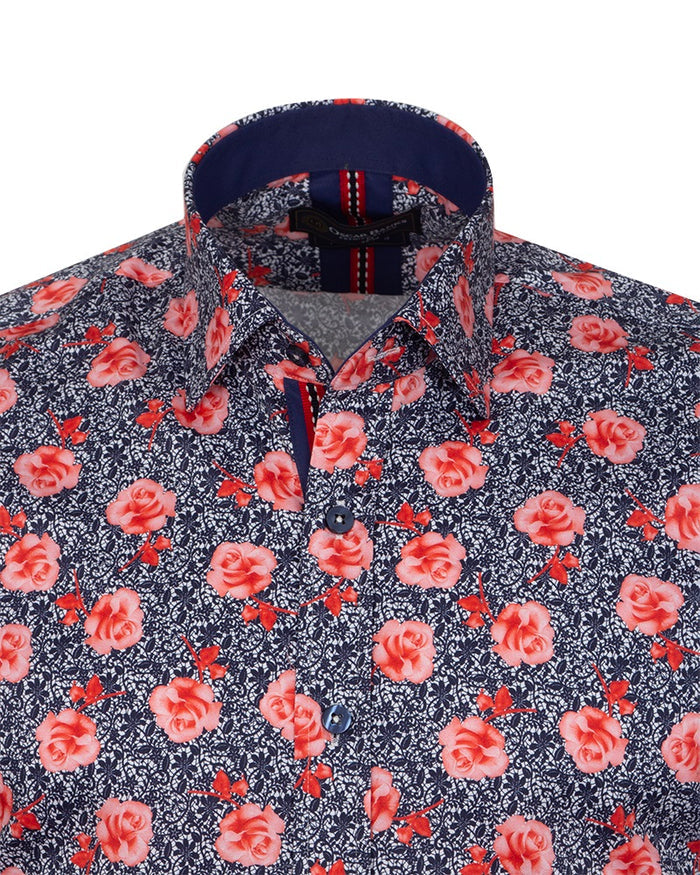 Dark Blue Rose Print Satin Cotton Shirt with Matching Handkerchief-Makrom