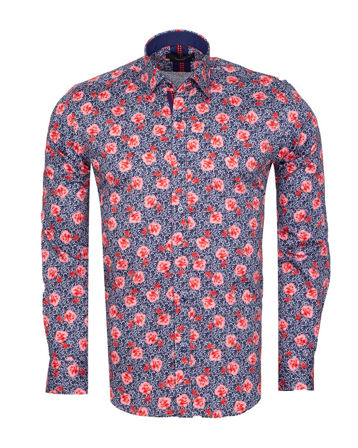 Dark Blue Rose Print Satin Cotton Shirt with Matching Handkerchief-Makrom