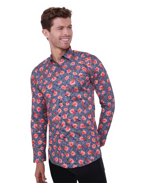 Dark Blue Rose Print Satin Cotton Shirt with Matching Handkerchief-Makrom