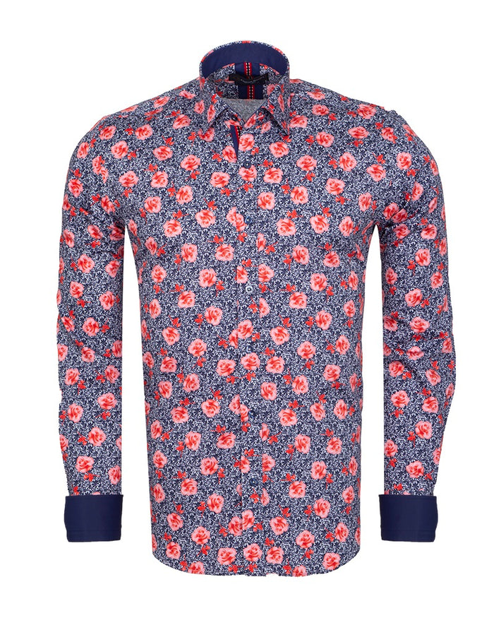 Dark Blue Rose Print Satin Cotton Shirt with Matching Handkerchief-Makrom