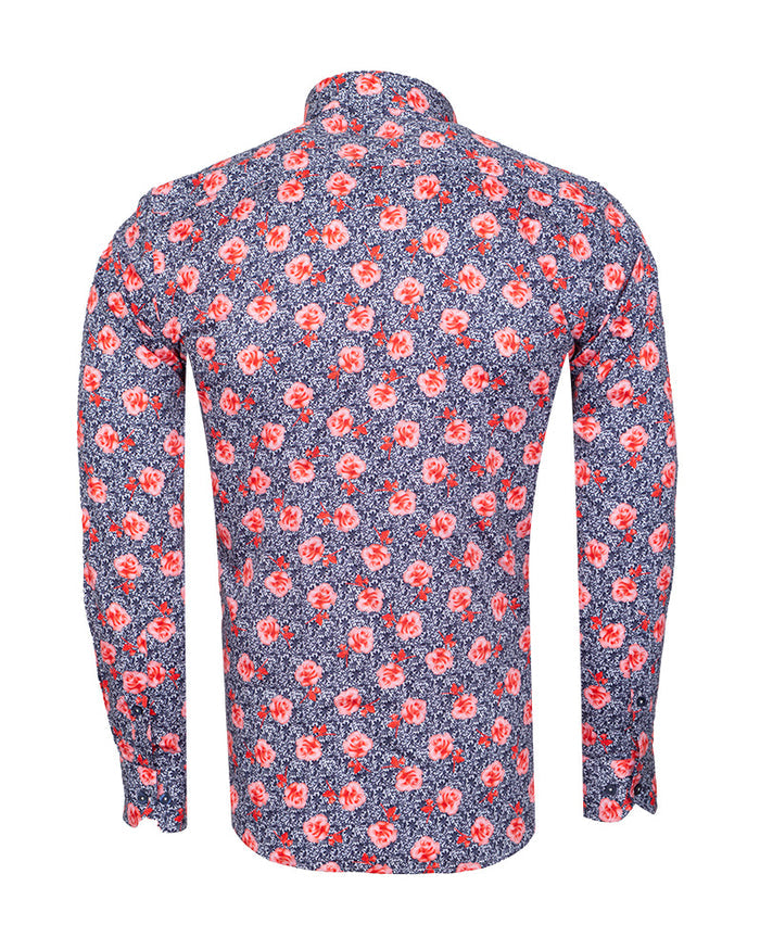 Dark Blue Rose Print Satin Cotton Shirt with Matching Handkerchief-Makrom
