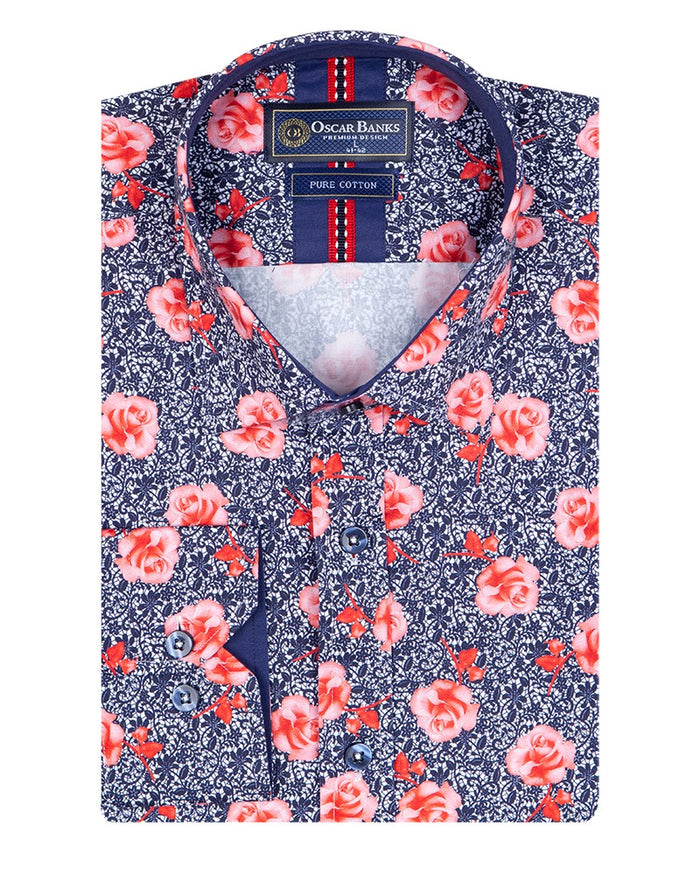 Dark Blue Rose Print Satin Cotton Shirt with Matching Handkerchief-Makrom