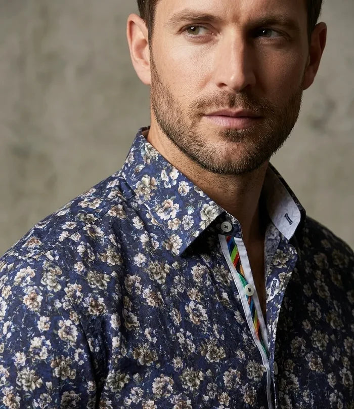 Dark Blue Rose Print Shirt with Matching Handkerchief