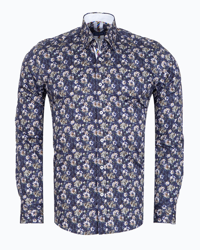 Dark Blue Rose Print Shirt with Matching Handkerchief-Makrom