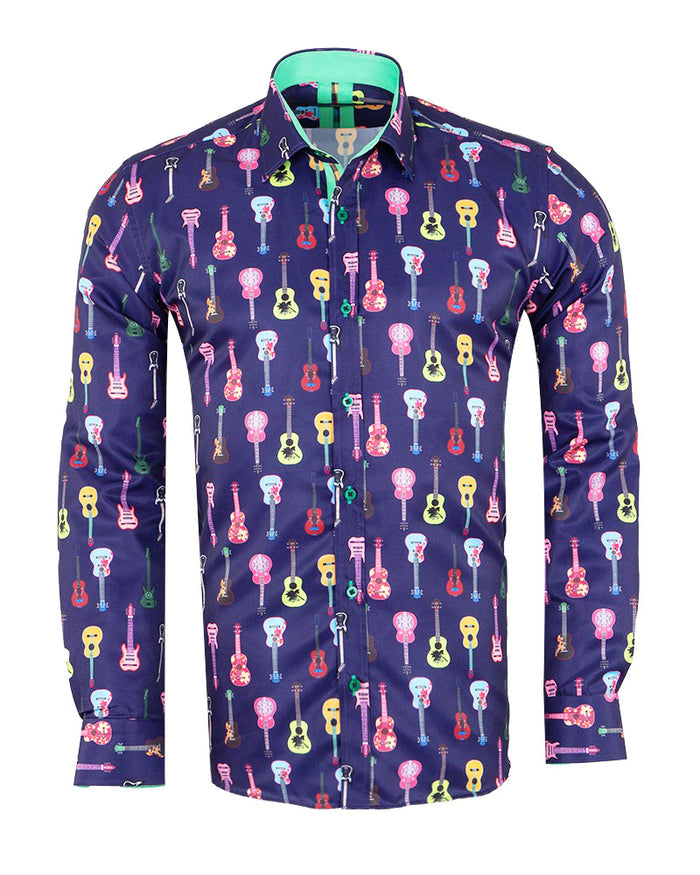 Dark Blue Vintage Guitar Print Men's Shirt-Makrom