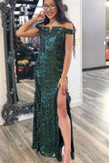 Dark Green Sequin Off the Shoulder Mermaid Long Prom Dress
