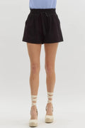 Entro Black ruffled elastic waist wide leg shorts