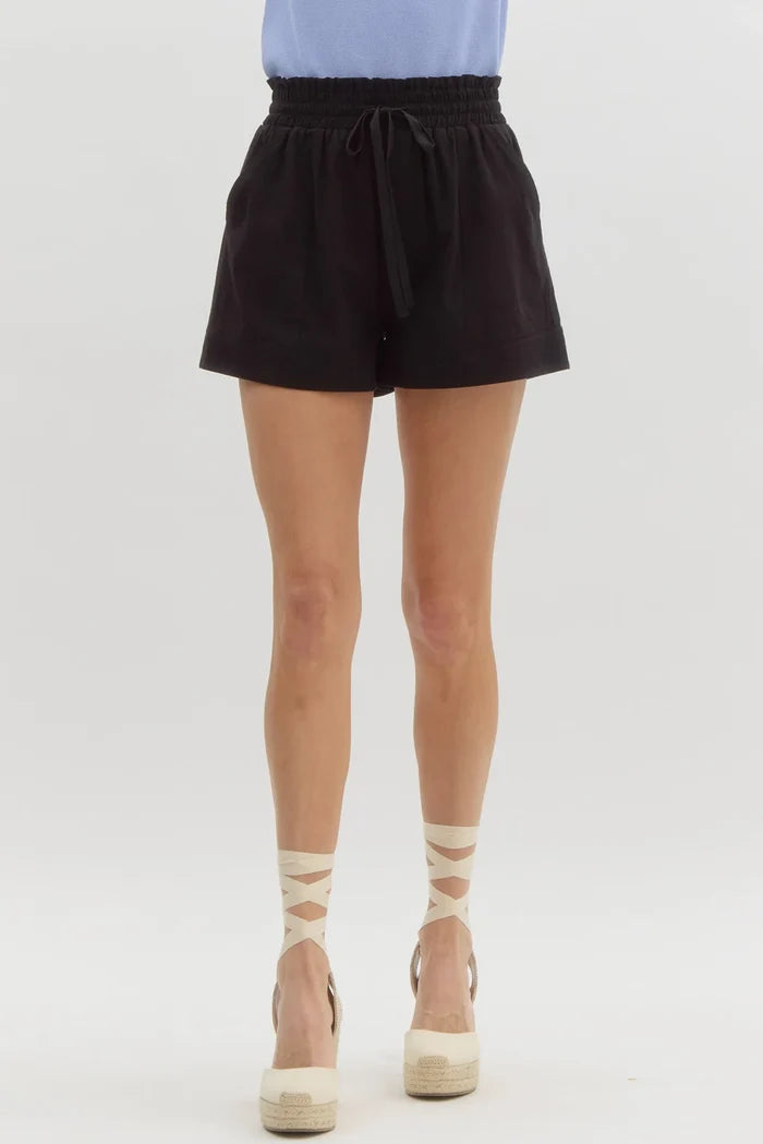 Entro Black ruffled elastic waist wide leg shorts