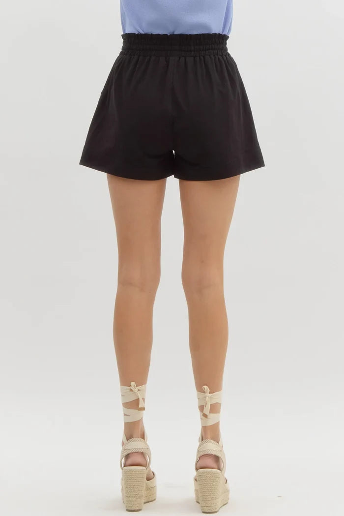 Entro Black ruffled elastic waist wide leg shorts