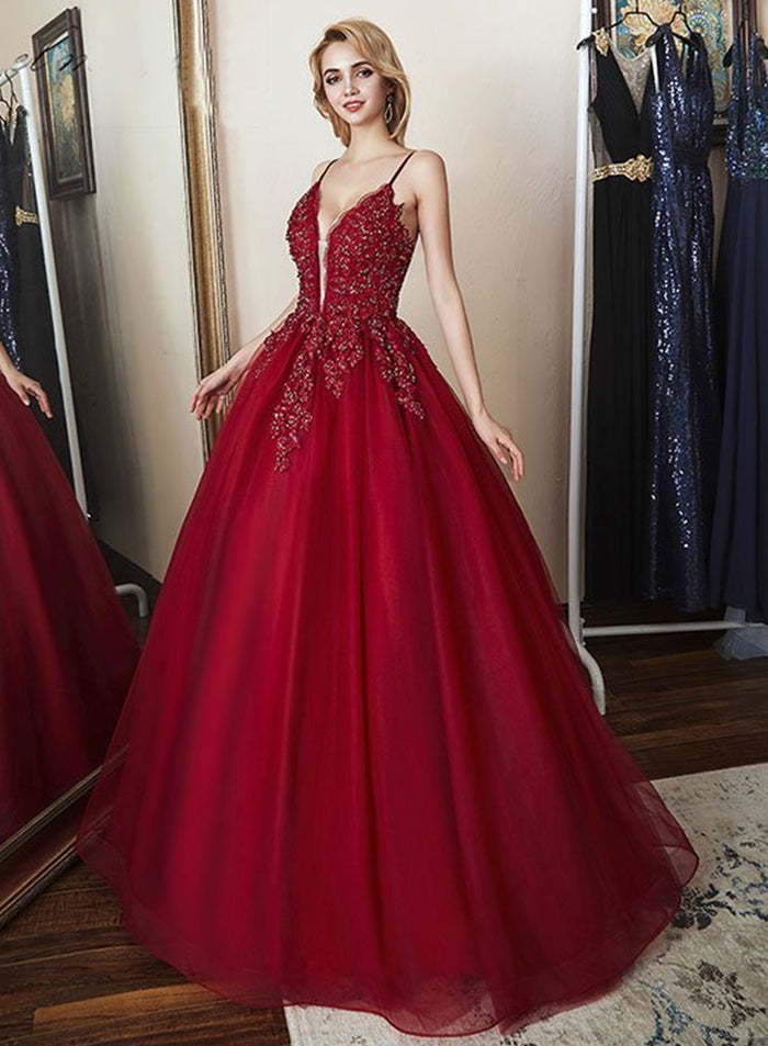 Deep V Neck Burgundy Lace Prom Gown, Burgundy Lace Prom Dresses Evening Formal Dresses