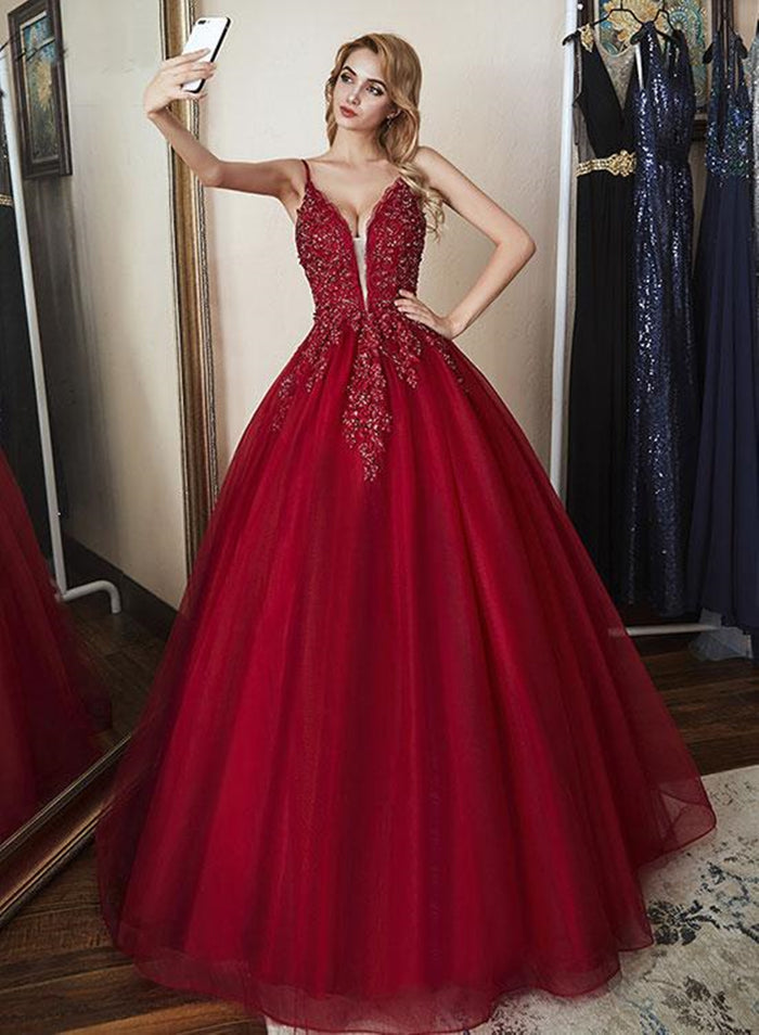 Deep V Neck Burgundy Lace Prom Gown, Burgundy Lace Prom Dresses Evening Formal Dresses
