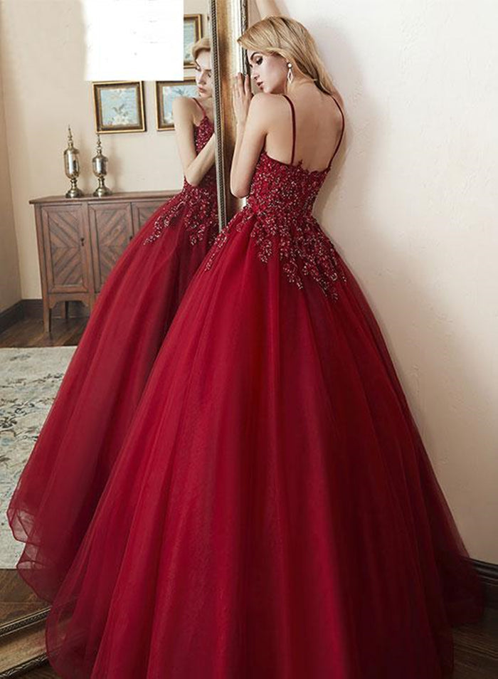 Deep V Neck Burgundy Lace Prom Gown, Burgundy Lace Prom Dresses Evening Formal Dresses