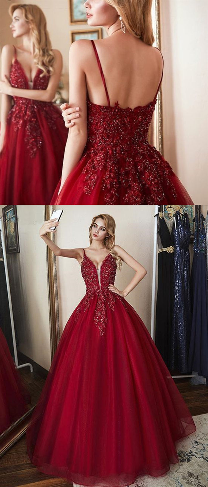 Deep V Neck Burgundy Lace Prom Gown, Burgundy Lace Prom Dresses Evening Formal Dresses