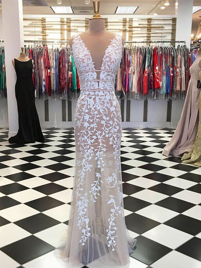 Deep V Neck Champagne Lace Prom Dresses, V Neck Champagne Lace Formal Evening Dresses