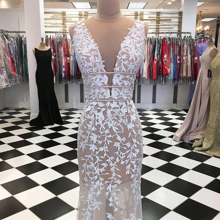 Deep V Neck Champagne Lace Prom Dresses, V Neck Champagne Lace Formal Evening Dresses