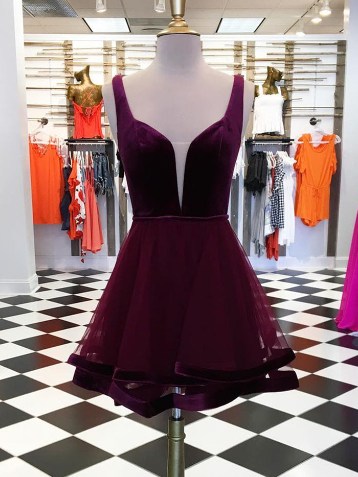 Deep V Neck Short Purple Prom Dresses, Short Purple V Neck Graduation Formal Dresses