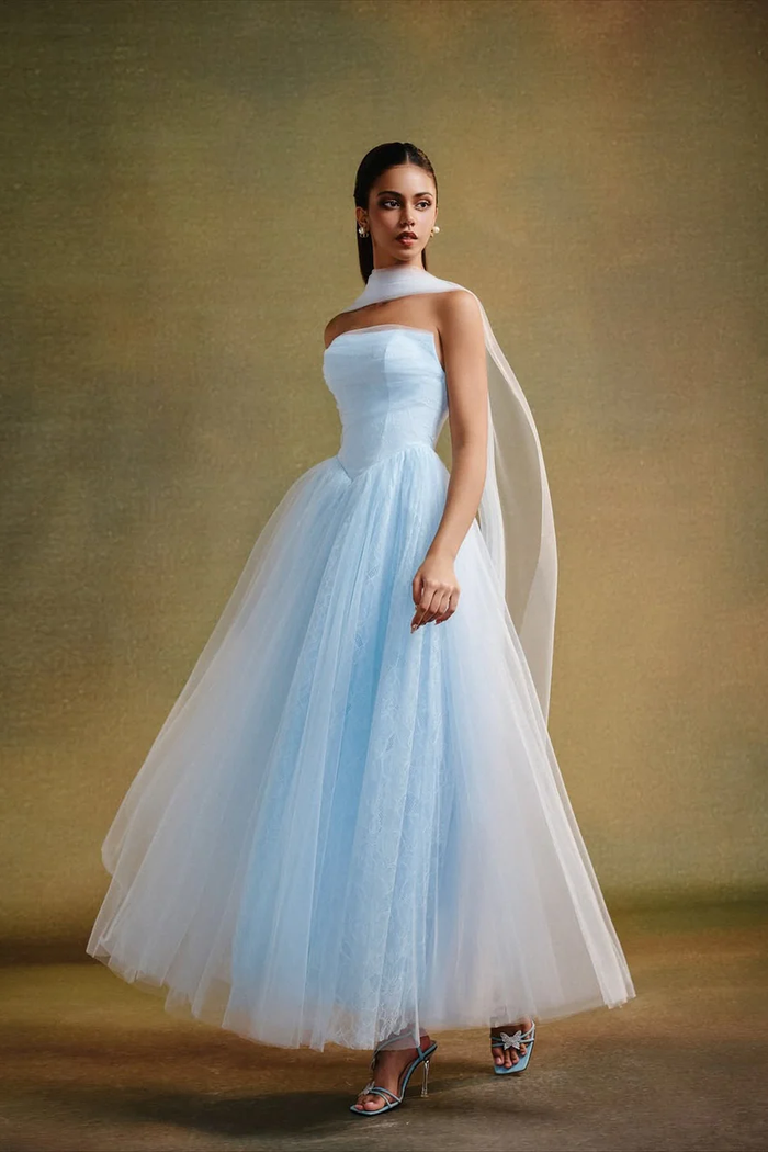 Dreamy Sky Blue Strapless Sleeveless Tulle Prom Dresses A-Line With Pleats
