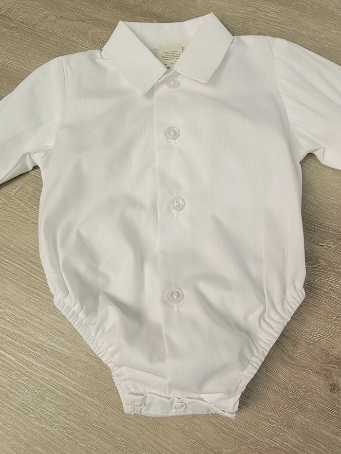 White long sleeve dress shirt romper for baby boys.