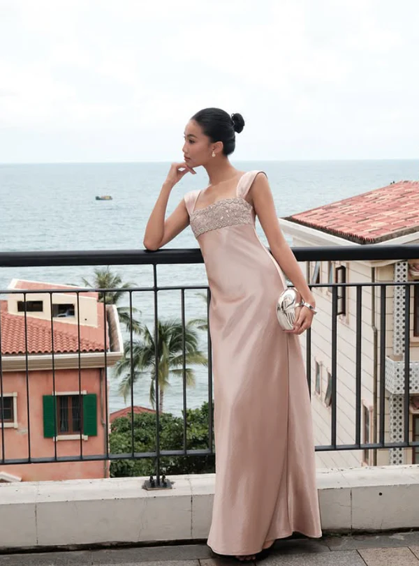 Elegant Blue A Line Straps Beaded Satin Long Prom Dress Date Dress