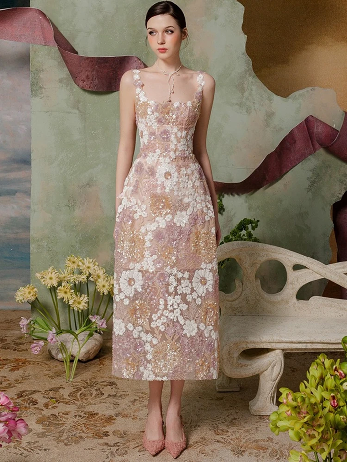 Elegant Dress Slim Flower Sequins Patchwork Lace Slim Long Women's Evening Party Dresses 2026 Summer New Fashion