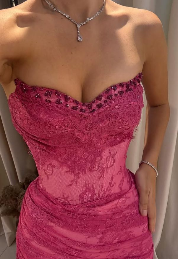 Elegant Pink Lace Mermaid Prom Dresses Long Evening Party Dress With Slit