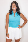 blue ribbed collared active tank