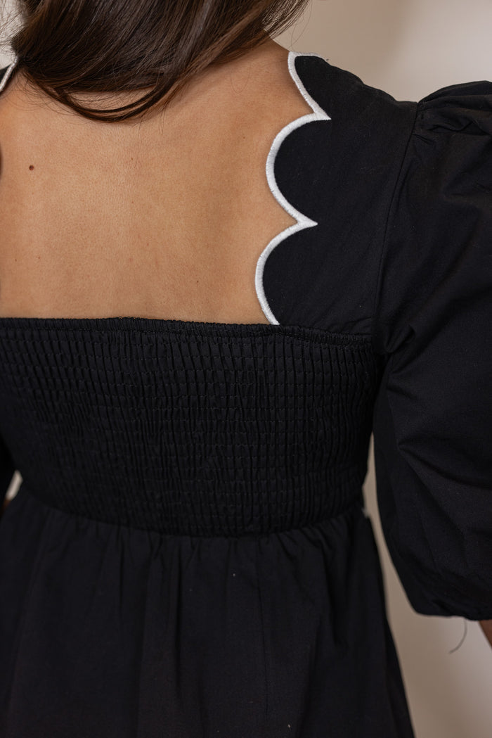 black white scalloped trim cocktail dress