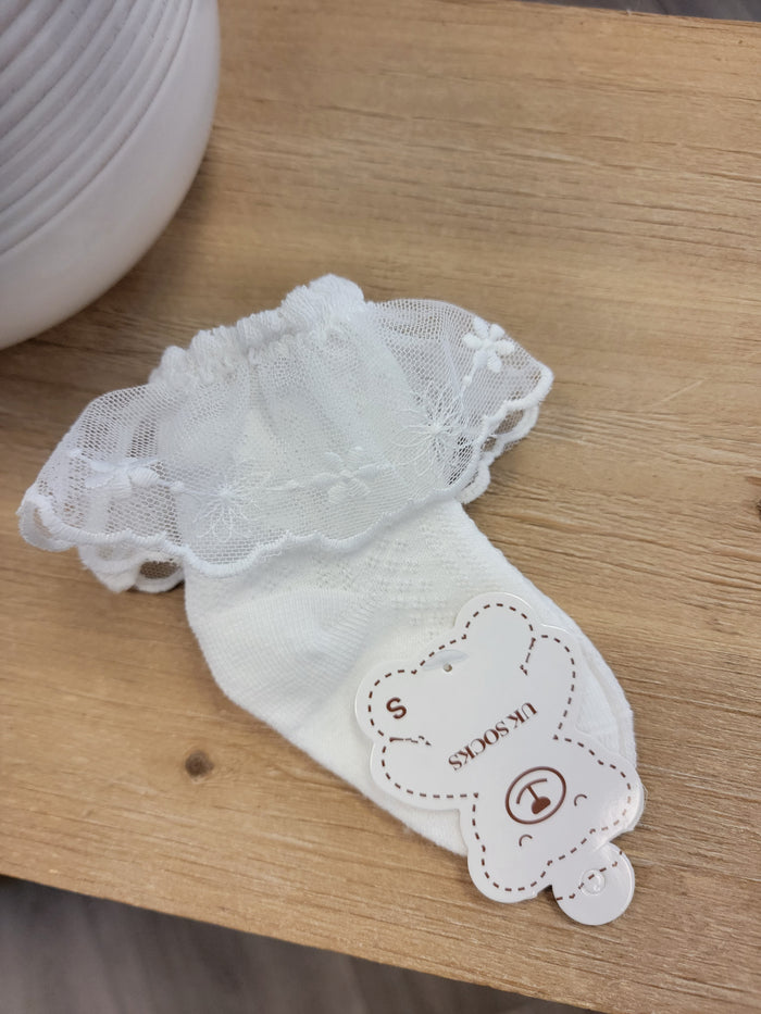 Baby sock with lace ruffles.