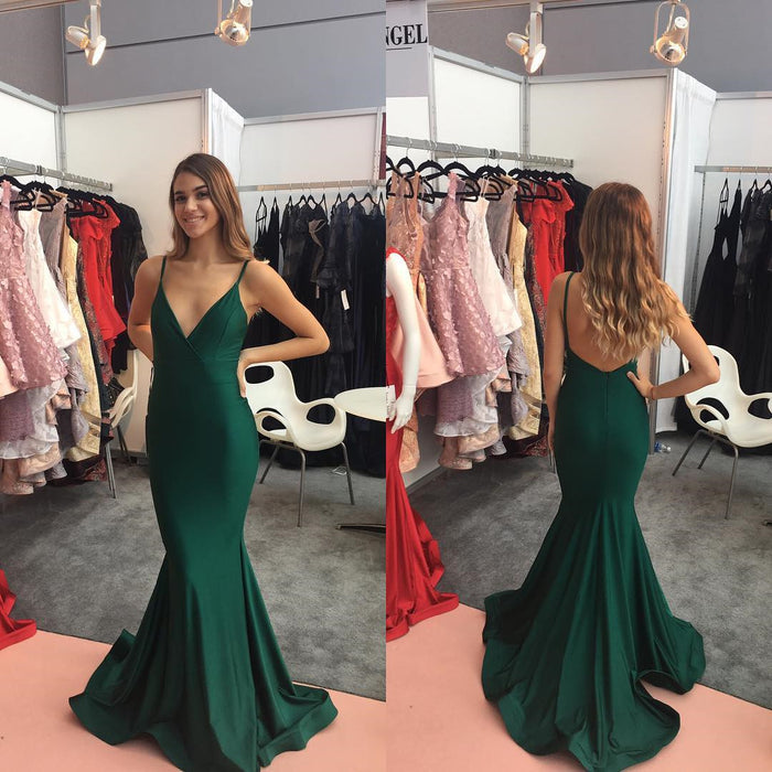 Emerald Green Mermaid Prom Dresses Spaghetti Straps, Backless Green Evening Dress Formal Dress