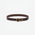 A dark brown leather belt with a gold-tone buckle and matching gold-tone tip, displayed on a clean white background. | Lead
