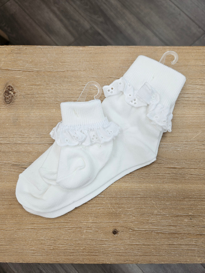 Girls socks with eyelet ruffles.