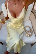 Fashionable Sheath Spaghetti Straps Yellow Long Party Dress with Lace