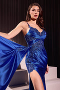 FITTED SATIN & LACE EVENING GOWN