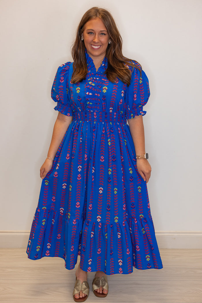 umgee printed smocked waist midi dress