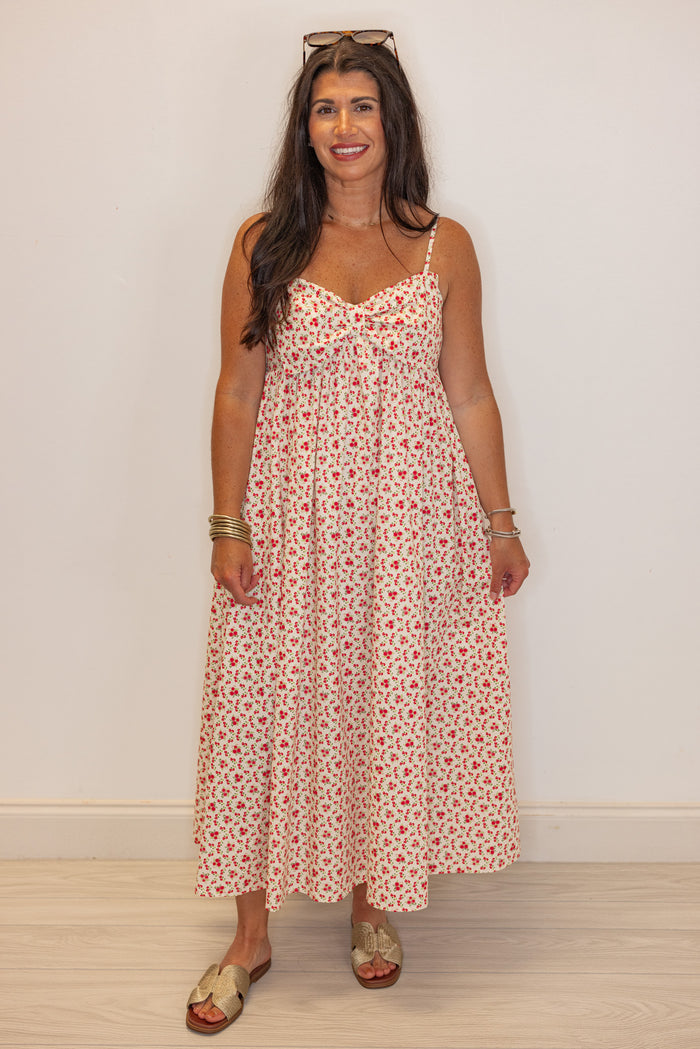 red dainty floral poplin summer midi dress