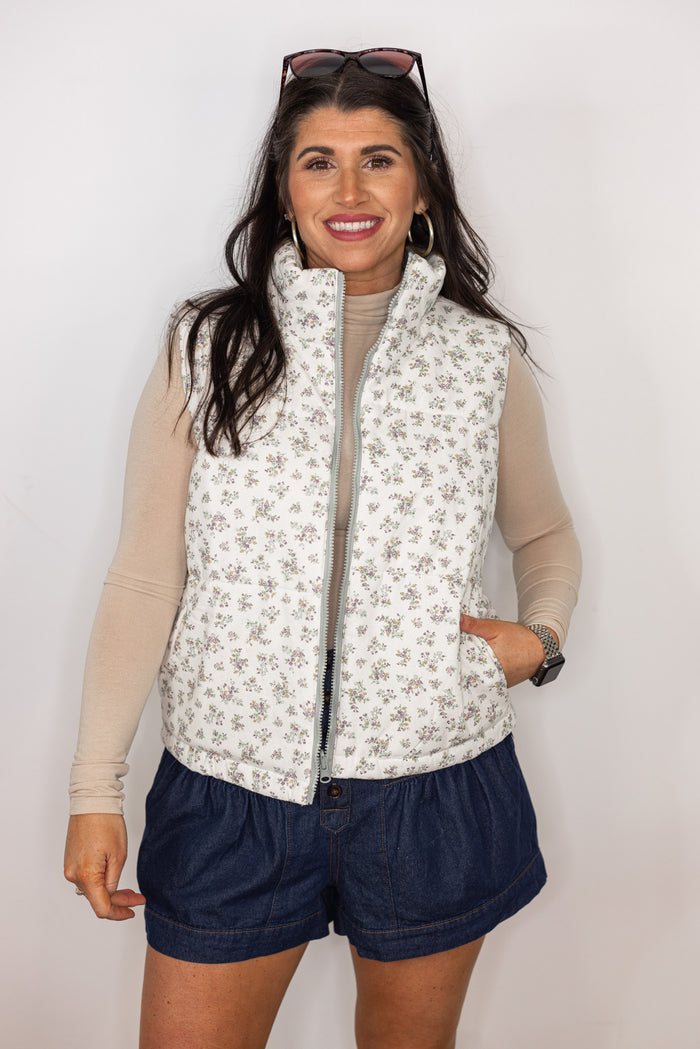 sage green floral reversible vest