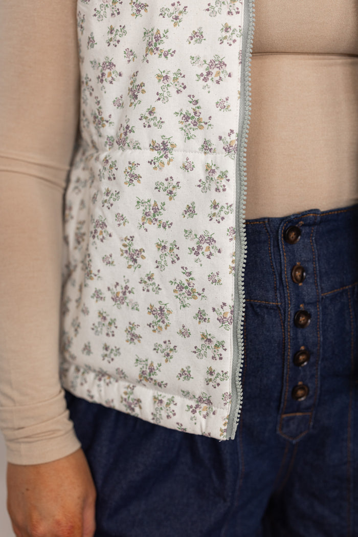 sage green floral reversible vest