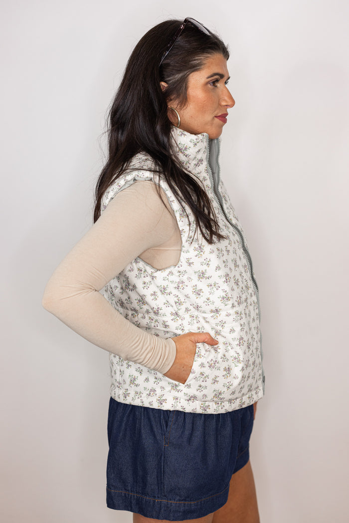 sage green floral reversible vest