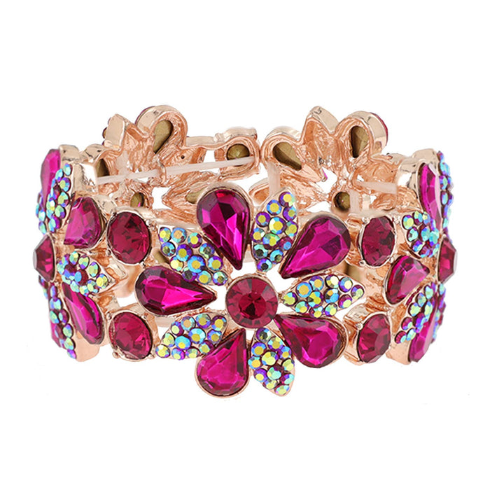 Floral Rhinestone Gem & Cluster Evening Stretch Bracelet