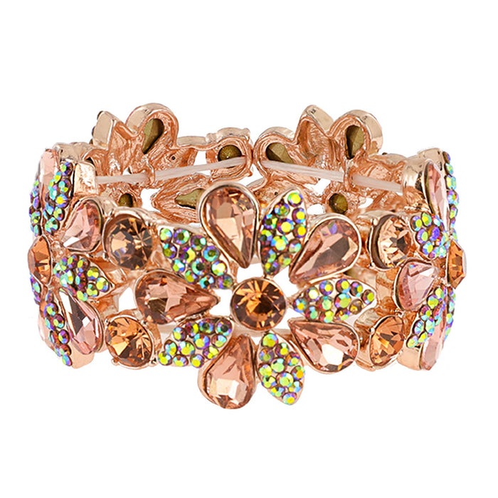 Floral Rhinestone Gem & Cluster Evening Stretch Bracelet
