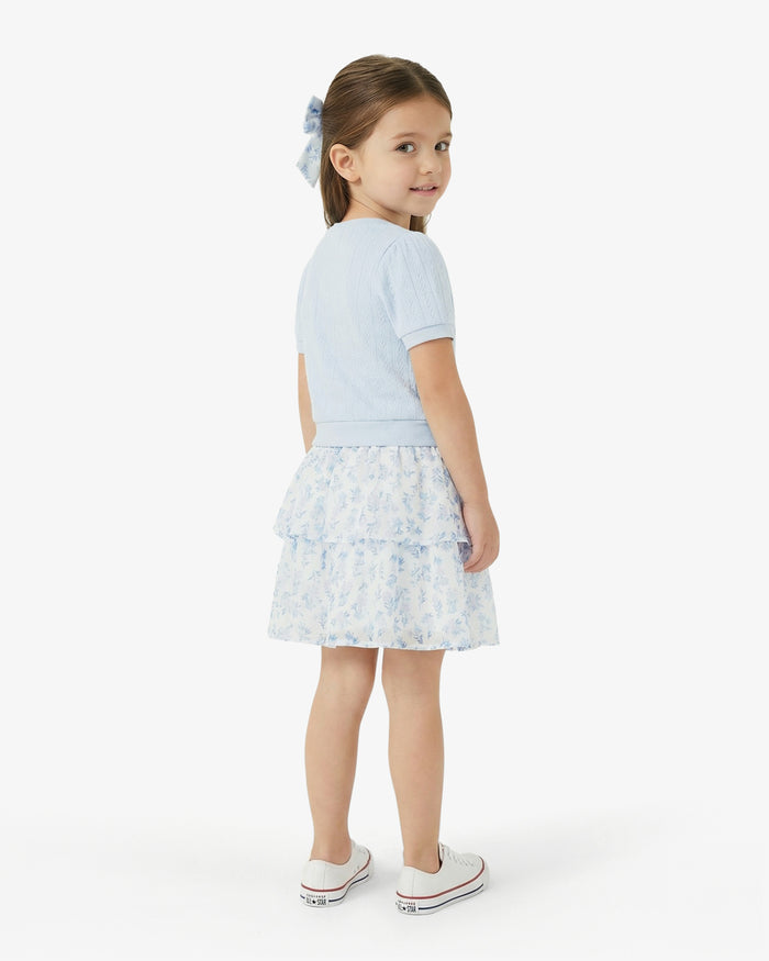 Floral Sweater Knit Skirt Set with Bow in Blue